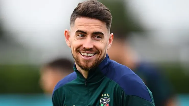 Jorginho durante treino pela Seleção Italiana, antes da final da Euro 2020, contra a Inglaterra. Foto: Claudio Villa