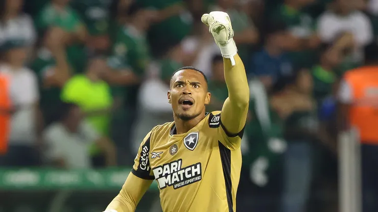 John Victor jogador do Botafogo comemora seu gol com jogadores do seu time durante partida contra o Palmeiras no estádio Arena Allianz Parque pelo campeonato Brasileiro A 2024.