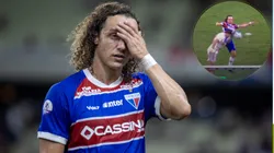 VAR não viu infração de David Luiz em Rogel dentro da área em Fortaleza x Internacional - Fotos: Lucas Emanuel/AGIF e Reprodução/YouTube