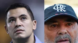 Pedro Martins concedeu coletiva direto da Vila Belmiro. Fotos: Thiago Ribeiro/AGIF e Reinaldo Campos/AGIF.