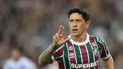 Germán Cano, jogador do Fluminense, comemora seu gol durante partida contra o GV San José-BOL, pela Copa Sul-Americana. Foto: Thiago Ribeiro/AGIF.