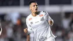 Zé Ivaldo jogador do Santos comemora seu gol durante partida contra o Atlético-MG no estádio Vila Belmiro pelo campeonato Brasileiro A 2025.