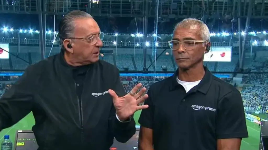 Romário e Galvão Bueno durante transmissão do Clássico dos Milhões – Foto: Reprodução/Amazon Prime