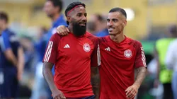 ATHENS, GREECE - MAY 28: Rodinei and Chiquinho of Olympiacos embrace during a training session ahead of their UEFA Europa Conference League 2023/24 final match against ACF Fiorentina at AEK Arena on May 28, 2024 in Athens, Greece. (Photo by Michael Steele/Getty Images)