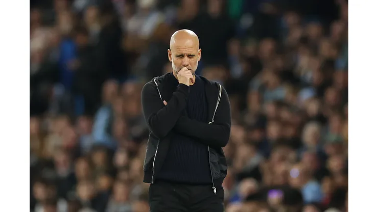 MANCHESTER, ENGLAND - APRIL 22: Pep Guardiola, Manager of Manchester City, reacts during the Premier League match between Manchester City FC and Aston Villa FC at Etihad Stadium on April 22, 2025 in Manchester, England. (Photo by Carl Recine/Getty Images)