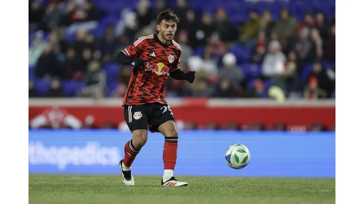 HARRISON, NEW JERSEY - MARCH 01: Felipe Carballo #20 of New York Red Bulls kicks the ball during an MLS soccer match between the New York Red Bulls and Nashville SC on March 01, 2025 in Harrison, New Jersey. (Photo by Adam Hunger/Getty Images)