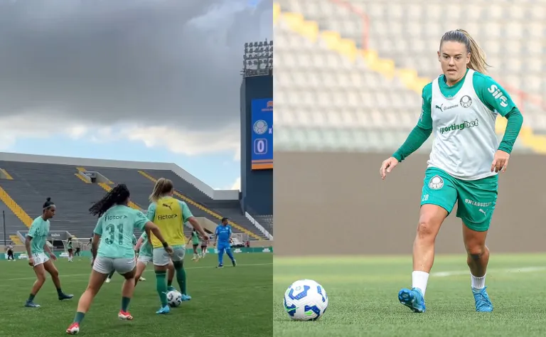 Elenco das Palestrinas e Andressinha durante aquecimento para confronto na Arena Barueri diante da Ferroviária neste sábado. Foto: Paloma Cassinao/Palmeiras