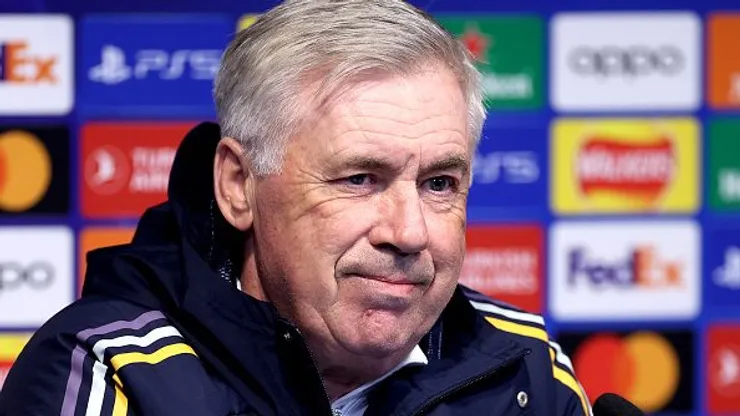 Carlo Ancelotti durante entrevista coletiva pelo Real Madrid, em 2024. Foto: Alex Livesey