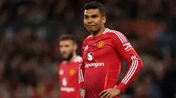 MANCHESTER, ENGLAND - APRIL 17: Casemiro of Manchester United reacts during the UEFA Europa League 2024/25 Quarter Final Second Leg match between Manchester United and Olympique Lyonnais at Old Trafford on April 17, 2025 in Manchester, England. (Photo by Carl Recine/Getty Images)
