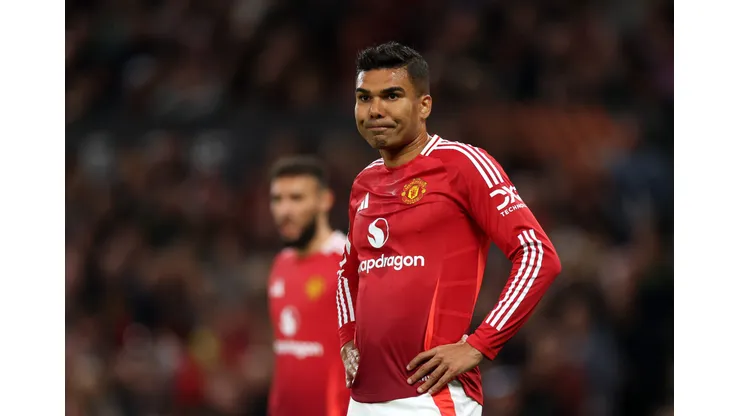 MANCHESTER, ENGLAND - APRIL 17: Casemiro of Manchester United reacts during the UEFA Europa League 2024/25 Quarter Final Second Leg match between Manchester United and Olympique Lyonnais at Old Trafford on April 17, 2025 in Manchester, England. (Photo by Carl Recine/Getty Images)