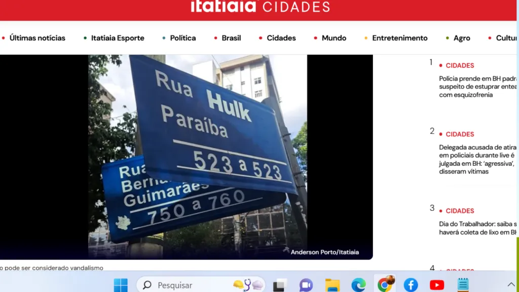 Reportagem da Itatiaia identificou placa novamente com nome alterado para ‘Hulk Paraíba’ em BH – Foto: Reprodução/Itatiaia