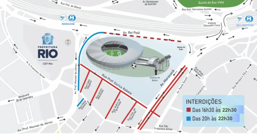 A partir das 16h30, haverá interdições ao trânsito de veículos na região do estádio. Arte: CET-Rio.