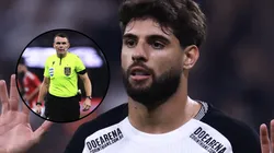 Yuri Alberto e o árbitro Paulo César Zanovelli durante partida entre Corinthians e Internacional, na Neo Química Arena, pelo Brasileirão. Fotos: Marcello Zambrana/AGIF