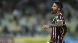 Everaldo, jogador do Fluminense, comemora seu gol durante partida contra o GV San José-BOL, pela Copa Sul-Americana. Foto: Jorge Rodrigues/AGIF.