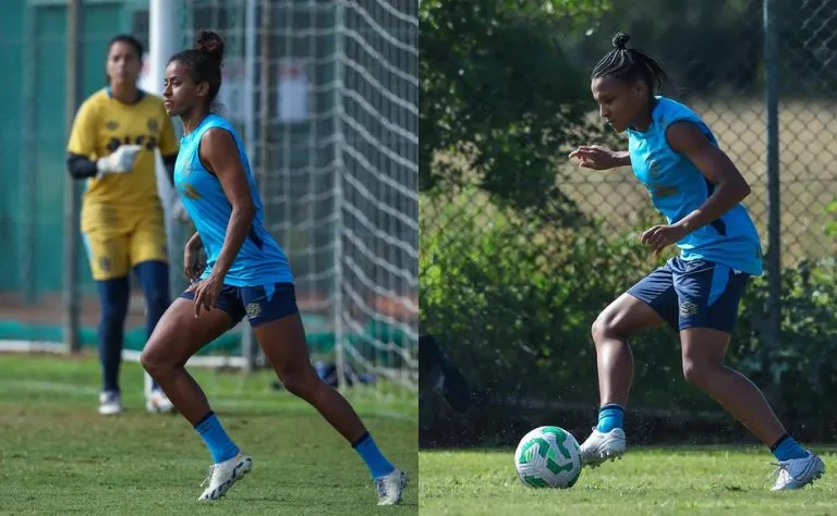 Tayla e Dani Barão durante treino coletivo. Foto: Caroline Motta e Caroline Martins / Grêmio FBPA