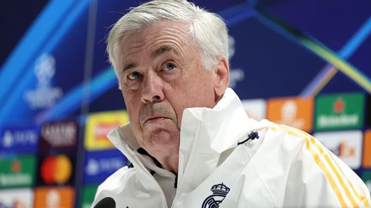 Carlo Ancelotti durante entrevista coletiva pelo Real Madrid antes das quartas de final da UEFA Champions League. Foto: Alex Davidson