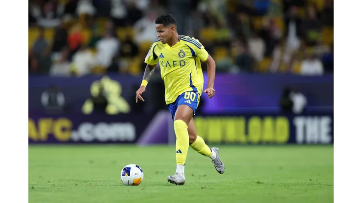 RIYADH, SAUDI ARABIA - DECEMBER 02: Wesley of Al-Nassr rwb during the AFC Champions League Elite match between Al-Nassr and Al-Sadd at King Saud University Stadium on December 02, 2024 in Riyadh, Saudi Arabia. (Photo by Abdullah Ahmed/Getty Images)