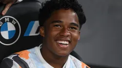MADRID, SPAIN - APRIL 05: Endrick of Real Madrid looks on during the LaLiga match between Real Madrid CF and Valencia CF at Estadio Santiago Bernabeu on April 05, 2025 in Madrid, Spain. (Photo by Denis Doyle/Getty Images)