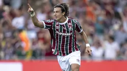 Canobbio jogador do Fluminense comemora seu gol durante partida contra o Volta Redonda no estádio Maracanã pelo campeonato Carioca 2025.