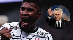 Paulinho durante partida entre Corinthians e Mirassol, e Carlo Ancelotti. Foto: Ettore Chiereguini/AGIF e Denis Doyle/Getty Images