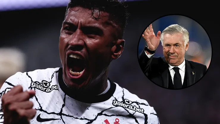 Paulinho durante partida entre Corinthians e Mirassol, e Carlo Ancelotti. Foto: Ettore Chiereguini/AGIF e Denis Doyle/Getty Images