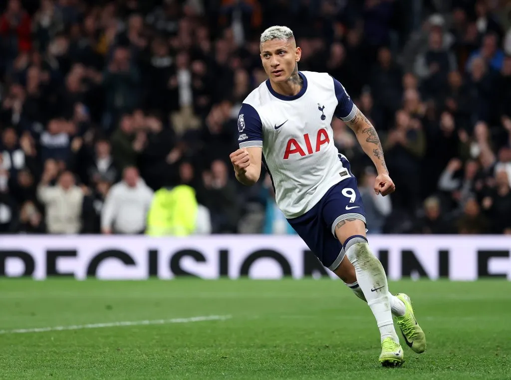 LONDON, ENGLAND – APRIL 21: Richarlison of Tottenham Hotspur celebrates scoring his team’s first goal during the Premier League match between Tottenham Hotspur FC and Nottingham Forest FC at Tottenham Hotspur Stadium on April 21, 2025 in London, England. (Photo by Ryan Pierse/Getty Images)