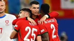 LEIPZIG, GERMANY - JUNE 18: Cristiano Ronaldo of Portugal celebrates victory with teammates Pedro Neto and Nelson Semedo after the UEFA EURO 2024 group stage match between Portugal and Czechia at Football Stadium Leipzig on June 18, 2024 in Leipzig, Germany. (Photo by Dan Mullan/Getty Images)