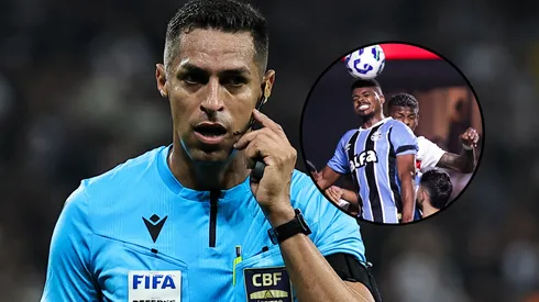 O árbitro Rodrigo José Pereira de Lima e lance entre Arboleda e Jemerson. Foto: Fabio Giannelli/AGIF