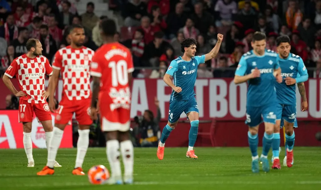 GIRONA, SPAIN – APRIL 21: Johnny Cardoso of Real Betis celebrates scoring his team’s first goal during the LaLiga match between Girona FC and Real Betis Balompie at Montilivi Stadium on April 21, 2025 in Girona, Spain. (Photo by Alex Caparros/Getty Images)
