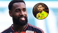 Gerson e Rossi durante partida entre Palmeiras e Flamengo, pelo Brasileirão, no Allianz Parque. Fotos: Marcello Zambrana/AGIF e Adriano Fontes/CRF