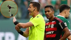 Árbitro Ramon Abatti Abel indica toque de Varela dentro da área em Palmeiras x Flamengo; câmera de torcedora comprovou pênalti - Fotos: César Greco/Ag. Palmeiras e @kah_poggi
