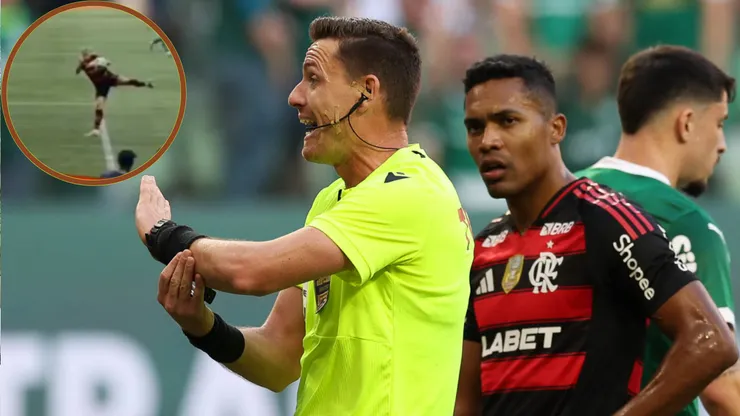 Árbitro Ramon Abatti Abel indica toque de Varela dentro da área em Palmeiras x Flamengo; câmera de torcedora comprovou pênalti - Fotos: César Greco/Ag. Palmeiras e @kah_poggi