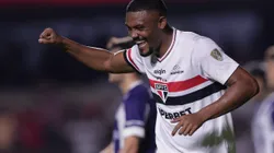 Sabino jogador do São Paulo comemora seu gol durante partida contra o Talleres no estádio Morumbi pelo campeonato Copa Libertadores 2025. Foto: Ettore Chiereguini/AGIF