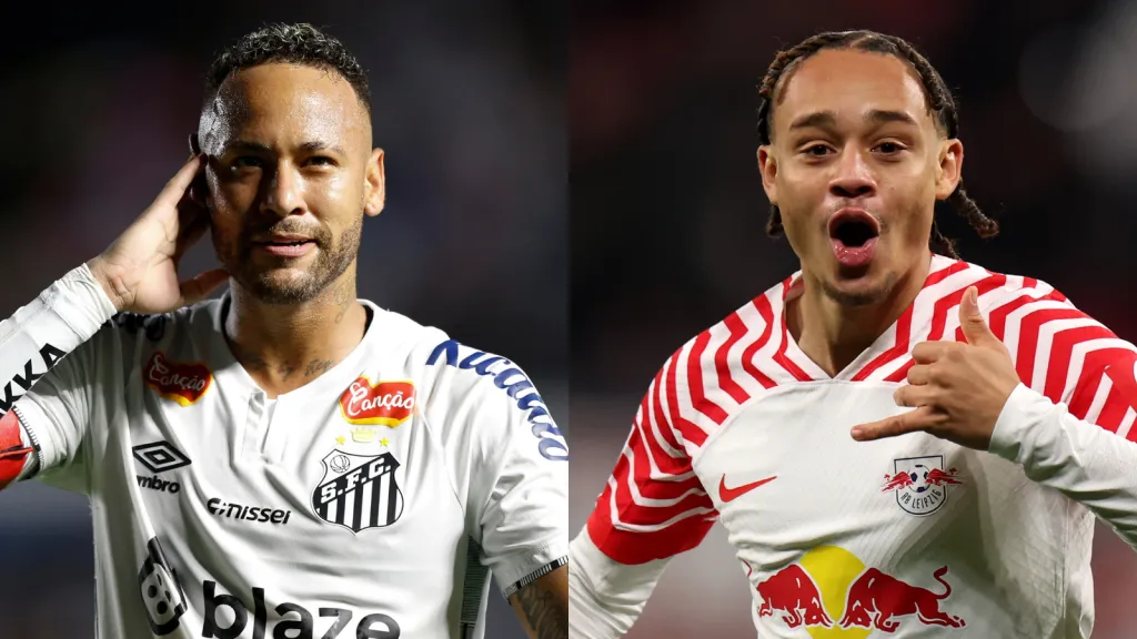 Neymar e Xavi Simons se enfrentam em Santos x RB Leipzig. Foto: GETTY IMAGES