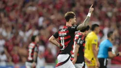 Léo Pereira jogador do Flamengo comemora seu gol durante partida contra o Deportivo Táchira no estádio Maracanã pelo campeonato Copa Libertadores 2025. Foto: Thiago Ribeiro/AGIF