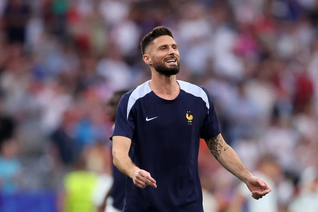 MUNICH, GERMANY – JULY 09: Olivier Giroud of France looks on as he warms up prior to the UEFA EURO 2024 Semi-Final match between Spain and France at Munich Football Arena on July 09, 2024 in Munich, Germany. (Photo by Alex Grimm/Getty Images)