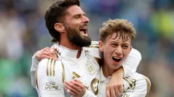 SEATTLE, WASHINGTON - MARCH 08: Olivier Giroud #9 celebrates a goal by Nathan Ordaz #27 of Los Angeles FC during the first half against the Seattle Sounders at Lumen Field on March 08, 2025 in Seattle, Washington. (Photo by Steph Chambers/Getty Images)
