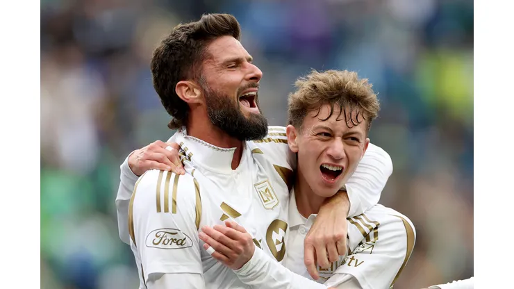SEATTLE, WASHINGTON - MARCH 08: Olivier Giroud #9 celebrates a goal by Nathan Ordaz #27 of Los Angeles FC during the first half against the Seattle Sounders at Lumen Field on March 08, 2025 in Seattle, Washington. (Photo by Steph Chambers/Getty Images)