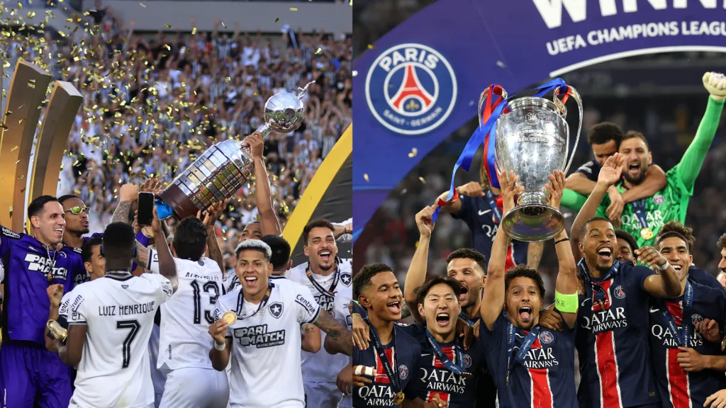 Botafogo campeão da Libertadores e PSG campeão da Champions League. Foto: AGIF/GETTY IMAGES