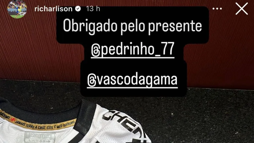 Richarlison agradece presente do Vasco – Foto: Reprodução/Instagram Richarlison