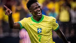Vinícius Júnior comemora gol marcado pela Seleção Brasileira. Foto: Zuma Press / Alamy Stock Photo