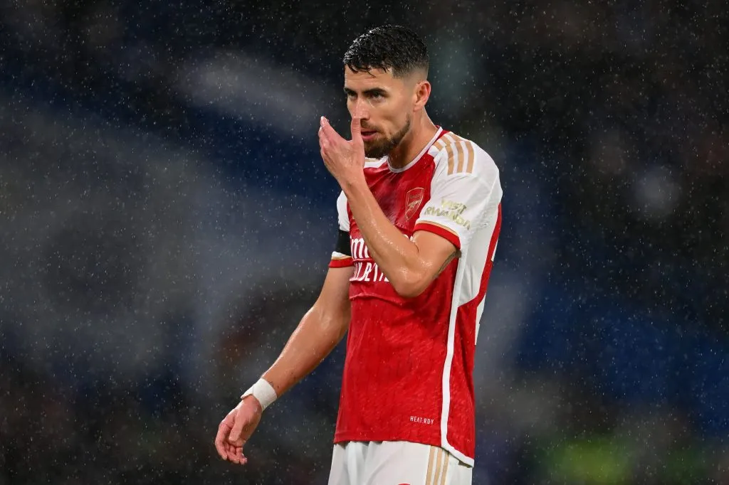 LONDON, ENGLAND – OCTOBER 21: Jorginho of Arsenal reacts during the Premier League match between Chelsea FC and Arsenal FC at Stamford Bridge on October 21, 2023 in London, England. (Photo by Michael Regan/Getty Images)