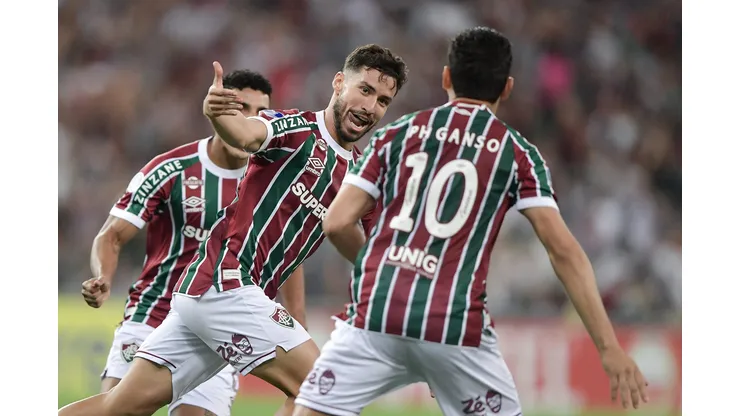 Martinelli jogador do Fluminense comemora seu gol durante partida contra o Once Caldas no estádio Maracanã pelo campeonato Copa Sul-americana 2025. Foto: Thiago Ribeiro/AGIF
