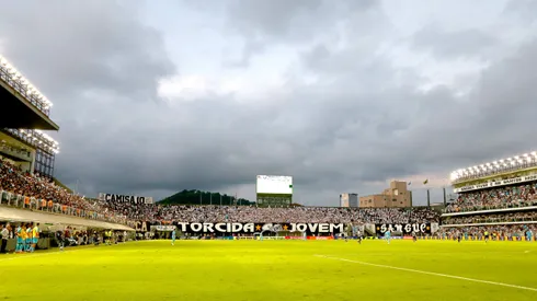 Torcida do Santos durante partida contra Botafogo no estádio Vila Belmiro pelo campeonato Brasileiro A 2025. Foto: Mauricio De Souza/AGIF