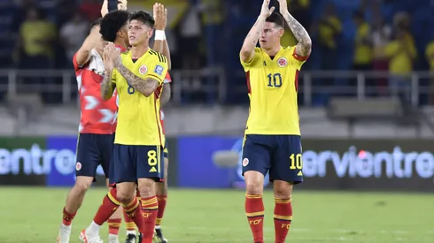 BARRANQUILLA, COLOMBIA - SEPTEMBER 07: Jorge Carrascal and James Rodriguez of Colombia acknowledge the fans after a FIFA World Cup 2026 Qualifier match between Colombia and Venezuela at Metropolitano Stadium on September 07, 2023 in Barranquilla, Colombia. (Photo by Gabriel Aponte/Getty Images)