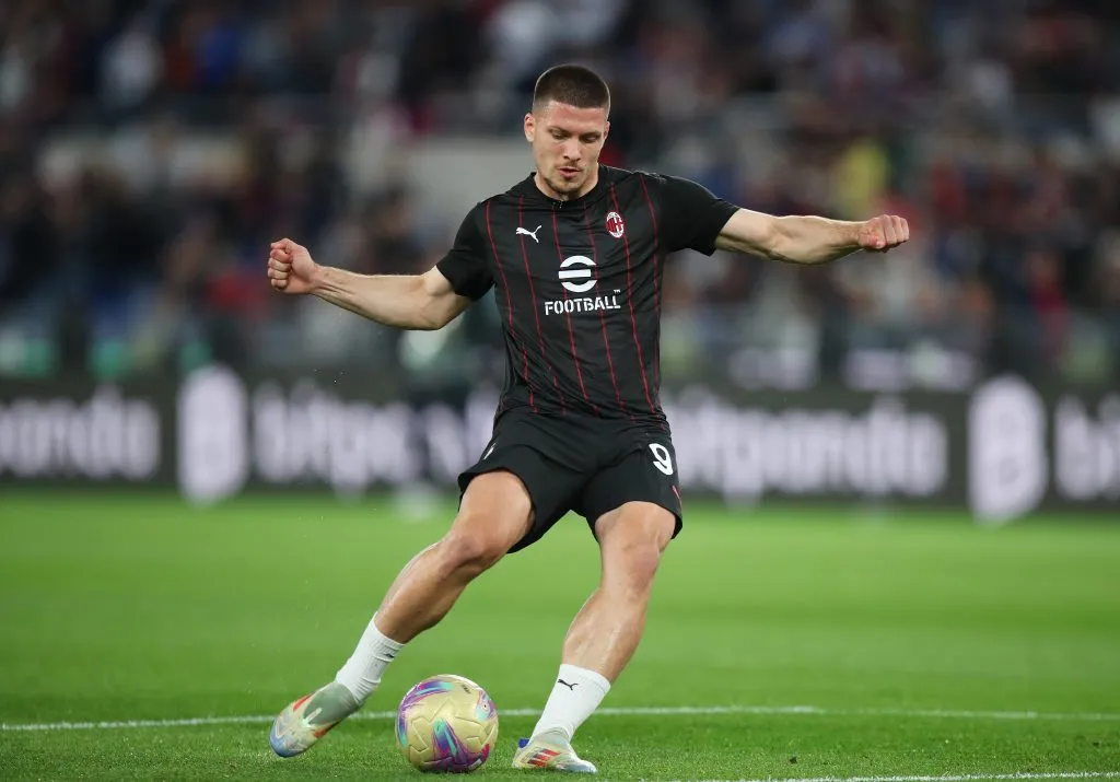 ROME, ITALY – MAY 14: Luka Jovic of AC Milan shoot as he warms up prior to the Coppa Italia Final match between AC Milan and Bologna at Stadio Olimpico on May 14, 2025 in Rome, Italy. (Photo by Paolo Bruno/Getty Images)