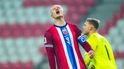 Erling Braut Haaland lamenta gol perdido em partida entre Noruega e Israel. Foto: NTB / Alamy Stock Photo