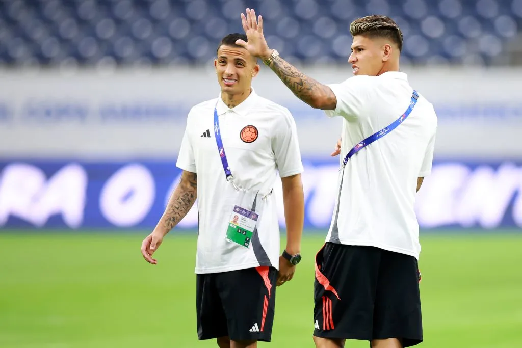 HOUSTON, TEXAS – JUNE 23: Kevin Castaño and Jorge Carrascal of Colombia after a press conference ahead of the CONMEBOL Copa America group stage match against Paraguay at NRG Stadium on June 23, 2024 in Houston, Texas. (Photo by Hector Vivas/Getty Images)