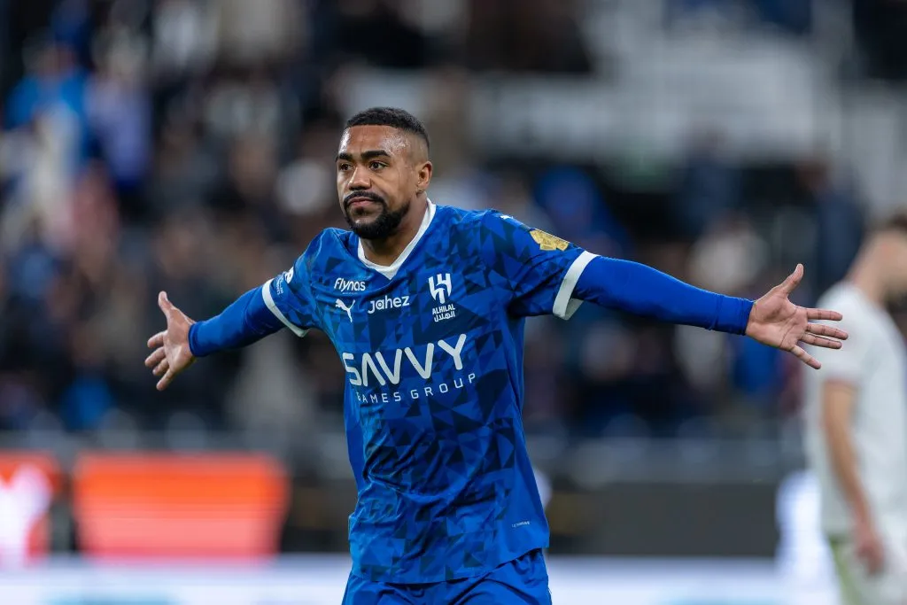 RIYADH, SAUDI ARABIA – FEBRUARY 25: Malcom of Al-Hilal FC celebrates scoring their third goal during the Saudi Pro League match between Al-Hilal FC and Al-Kholood FC at Kingdom Arena on February 25, 2025 in Riyadh, Saudi Arabia. (Photo by Abdullah Ahmed/Getty Images)