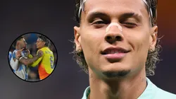 Richard Ríos se desentendeu com Otamendi em partida entre Argentina e Colômbia. Fotos: Gilson Lobo/AGIF e Marcelo Endelli/Getty Images